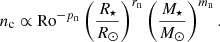 $$ \begin{aligned}&n_{\rm c} \propto \mathrm{Ro}^{-p_{\rm n}}\left(\frac{R_\star }{R_\odot }\right)^{r_{\rm n}} \left(\frac{M_\star }{M_\odot }\right)^{m_{\rm n}}. \end{aligned} $$