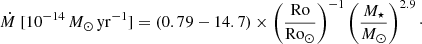 $$ \begin{aligned}&\dot{M}\ [10^{-14}\,{M}_\odot \,\mathrm{yr} ^{-1}] =(0.79-14.7)\times \left(\frac{\mathrm{Ro}}{\mathrm{Ro}_\odot }\right)^{-1}\left(\frac{M_\star }{M_\odot }\right)^{2.9}\cdot \end{aligned} $$