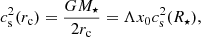 $$ \begin{aligned} c_{\rm s}^2(r_{\rm c}) = \frac{GM_\star }{2r_{\rm c}} = \Lambda x_0 c_{\rm s}^2(R_\star ), \end{aligned} $$