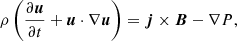 $$ \begin{aligned}&\rho \left( \frac{\partial \boldsymbol{u}}{\partial t} + \boldsymbol{u} \cdot \nabla \boldsymbol{u}\right) = \boldsymbol{j} \times \boldsymbol{B} - \nabla P, \end{aligned} $$