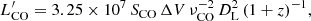 $$ \begin{aligned} L^{\prime }_{\rm CO} = 3.25 \times 10^7 \, S_{\rm CO} \, {\Delta V \, \nu _{\rm CO}^{-2}} \, D_{\rm L}^2 \, (1+z)^{-1} , \end{aligned} $$