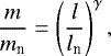 \begin{eqnarray*}\frac{m}{m_{\textrm{n}}}=\left(\frac{l}{l_{\textrm{n}}}\right)^{\gamma}, \end{eqnarray*}