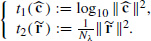 $$ \begin{aligned} {\left\{ \begin{array}{ll} t_1(\,\mathbf{{\widehat{c}}}\,) := \log _{10} \Vert \,\mathbf{{\widehat{c}}}\,\Vert ^2,\\ t_2(\,\mathbf{{\widetilde{r}}}\,) := \frac{1}{N_\lambda }\Vert \,\mathbf{{\widetilde{r}}}\,\Vert ^2. \end{array}\right.} \end{aligned} $$