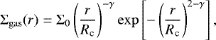 \begin{equation*} \Sigma_{\rm{gas}}(r)=\Sigma_0\left(\frac{r}{R_{\textrm{c}}}\right)^{-\gamma} \exp\left[-\left(\frac{r}{R_{\textrm{c}}}\right)^{2-\gamma}\right],\end{equation*}