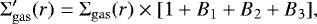 \begin{equation*} \Sigma^{\prime}_{\rm{gas}}(r)=\Sigma_{\rm{gas}}(r)\times[1+B_1+B_2+B_3],\end{equation*}