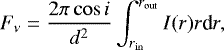\begin{equation*} F_{\nu}=\frac{2\pi\cos{i}}{d^2}\int_{r_{\mathrm{in}}}^{r_{\mathrm{out}}} I(r) r \textrm{d}r,\end{equation*}