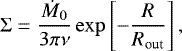 \begin{equation*} \Sigma=\frac{\dot{M}_0}{3\pi \nu} \exp \left[-\frac{R}{R_{\textrm{out}}}\right], \end{equation*}