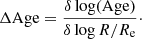 $$ \begin{aligned} \Delta \mathrm{Age} = \frac{\delta \log (\mathrm{Age})}{\delta \log R/R_{\rm e}}\cdot \end{aligned} $$