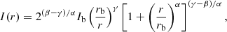 $$ \begin{aligned} I (r) = 2^{(\beta - \gamma )/\alpha } I_{\rm b} \left(\frac{r_{\rm b}}{r}\right)^\gamma \left[ 1 + \left(\frac{r}{r_{\rm b}}\right)^{\alpha }\right]^{(\gamma - \beta )/\alpha }, \end{aligned} $$