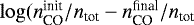$\log(n_{\textrm{CO}}^{\textrm{init}}/n_{\textrm{tot}} - n_{\textrm{CO}}^{\textrm{final}}/n_{\textrm{tot}}$