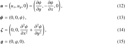 \begin{align*} \vec{u} &= \left(u_x,u_y,0\right) = \left({\dfrac{\partial \psi}{\partial y}},-{\dfrac{\partial \psi}{\partial x}},0\right), \\[3pt] \vec{\psi} &= \left(0,0,\psi\right), \\[3pt] \vec{\zeta} &= \left(0,0,{\dfrac{\partial^2 \psi}{\partial x^2}}+{\dfrac{\partial^2 \psi}{\partial y^2}}\right), \\[3pt] \vec{g} &= (0,g,0). \end{align*}