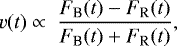 \begin{equation*} v(t) \propto ~\frac{F_{\textrm{B}}(t)-F_{\textrm{R}}(t)}{F_{\textrm{B}}(t)+F_{\textrm{R}}(t)},\end{equation*}