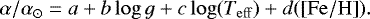 \begin{equation*} \alpha/\alpha_{\odot}=a + b \log {g} + c \log (T_{\mathrm{eff}}) + d (\mathrm{[Fe/H]}).\end{equation*}
