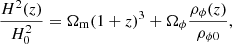 $$ \begin{aligned} \frac{H^2(z)}{H^2_0}=\Omega _{\rm m}(1+z)^3+\Omega _\phi \frac{\rho _\phi (z)}{\rho _{\phi 0}}, \end{aligned} $$