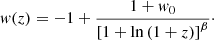 $$ \begin{aligned} w(z)=-1+\frac{1+w_0}{\left[1+\ln {(1+z)}\right]^\beta }\cdot \end{aligned} $$