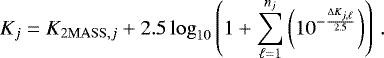 \begin{align*} K_j = K_{\mathrm{2MASS}, j} + 2.5\log_{10}\left(1+\sum_{\ell=1}^{n_j}\left(10^{-\frac{\Delta K_{j,\ell}}{2.5}}\right)\right)\,.\end{align*}