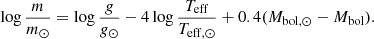 $$ \begin{aligned} \log \frac{m}{{{m_ \odot }}} = \log \frac{g}{{{g_ \odot }}} - 4\log \frac{{{T_{{\rm{eff}}}}}}{{{T_{{\rm{eff,}} \odot }}}} + 0.4({M_{{\rm{bol,}} \odot }} - {M_{{\rm{bol}}}}). \end{aligned} $$