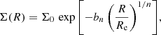 $$ \begin{aligned} \Sigma (R) = \Sigma _{0} \, \exp {\left[ - b_{n} \left(\frac{R}{R_{\mathrm{e} }}\right)^{1/n} \right]}, \end{aligned} $$