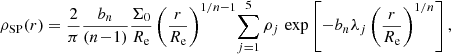 $$ \begin{aligned} \rho _{\rm SP}(r) = {2\over \pi } {b_n\over (n\!-\!1)}{\Sigma _0\over R_{\rm e}}\left({r\over R_{\rm e}}\right)^{1/n-1}\!\sum _{j=1}^5\rho _j\,\exp \left[-b_n\lambda _j\left({r\over R_{\rm e}}\right)^{1/n} \right] , \end{aligned} $$