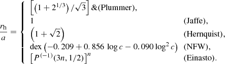 $$ \begin{aligned} {r_{\rm h}\over a} = \left\{ \begin{array}{ll} \left[\left(1+2^{1/3}\right)/\sqrt{3}\right]\&\mathrm {(Plummer)},\\ 1&\mathrm {(Jaffe)},\\ \left(1 + \sqrt{2}\right)&\mathrm {(Hernquist)},\\ \mathrm{dex}\left(-0.209 + 0.856\,\log c-0.090 \log ^2 c \right)\!\!\!&\mathrm {(NFW)}, \\ \left[P^{(-1)}(3n,1/2)\right]^n&\mathrm {(Einasto)}. \end{array} \right. \end{aligned} $$
