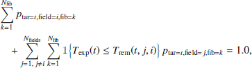 $$ \begin{aligned}&\sum \limits _{k=1}^{N_\mathrm{fib} }p_{\mathrm{tar} =t, \mathrm{field} =i, \mathrm{fib} =k} \, \nonumber \\&\quad +\sum \limits _{j=1,\, j\ne i}^{N_\mathrm{fields} }\sum \limits _{k=1}^{N_\mathrm{fib} } \mathbb{1} \!\left\{ T_\mathrm{exp} (t) \le T_\mathrm{rem} (t,j,i) \right\} p_{\mathrm{tar} =t, \mathrm{field} =j, \mathrm{fib} =k} = 1.0, \end{aligned} $$