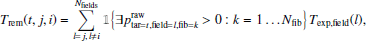 $$ \begin{aligned}&T_\mathrm{rem} (t,j,i) = \sum \limits _{l=j,\, l\ne i}^{N_\mathrm{fields} } \mathbb{1} \!\left\{ \exists p^\mathrm{raw} _{\mathrm{tar} =t, \mathrm{field} =l, \mathrm{fib} =k} > 0 : k=1\dots N_\mathrm{fib} \right\} T_\mathrm{exp,field} (l) , \end{aligned} $$
