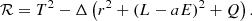 $$ \begin{aligned} \mathcal{R} = T^2 - \Delta \left(r^2 + \left(L - a E\right)^2 + Q\right). \end{aligned} $$