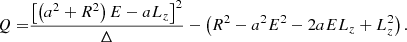 $$ \begin{aligned} Q =&\frac{\left[\left(a^2 + R^2 \right) E - a L_z \right]^2}{\Delta } - \left(R^2 - a^2 E^2 - 2 a E L_z + L_z^2\right). \end{aligned} $$