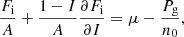 $$ \begin{aligned}&\frac{F_{\rm i}}{A} + \frac{1-I}{A}\frac{\partial F_{\rm i}}{\partial I} = \mu - \frac{P_{\rm g}}{n_0}, \end{aligned} $$