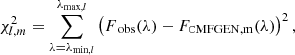 $$ \begin{aligned} \chi ^2_{l,m} = \sum _{\lambda =\lambda _{\mathrm{min} ,l}}^{\lambda _{\mathrm{max} ,l}} \left(F_\text{ obs}(\lambda )-F_{\rm \mathtt CMFGEN ,{m}}(\lambda )\right)^2, \end{aligned} $$