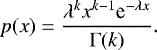 \begin{equation*} p(x) = \frac{\lambda^{k} x^{k - 1} \textrm{e}^{-\lambda x}}{\Gamma(k)} .\end{equation*}