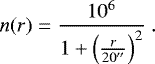 \begin{equation*} n(r) = \frac{10^6}{1+\left(\frac{r}{20^{\prime\prime}}\right)^2}~. \end{equation*}