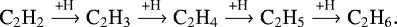 \begin{equation*}\textrm{C}_2\textrm{H}_2\xrightarrow{\textrm{+H}}\textrm{C}_2\textrm{H}_3\xrightarrow{\textrm{+H}}\textrm{C}_2\textrm{H}_4\xrightarrow{\textrm{+H}}\textrm{C}_2\textrm{H}_5\xrightarrow {\textrm{+H}}\textrm{C}_2\textrm{H}_6. \end{equation*}