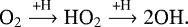 \begin{equation*}\textrm{O}_2\xrightarrow{\textrm{+H}}\textrm{HO}_2\xrightarrow{\textrm{+H}}\textrm{2OH}. \end{equation*}