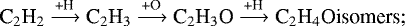 \begin{equation*}\textrm{C}_2\textrm{H}_2\xrightarrow{\textrm{+H}}\textrm{C}_2\textrm{H}_3\xrightarrow{\textrm{+O}}\textrm{C}_2\textrm{H}_3\textrm{O}\xrightarrow{\textrm{+H}}\textrm{C}_2\textrm{H}_4\textrm{O} \textrm{isomers}; \end{equation*}