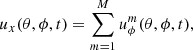 $$ \begin{aligned} u_x(\theta ,\phi ,t)&= \sum _{m=1}^{M} {u_\phi ^m(\theta ,\phi ,t)}, \end{aligned} $$