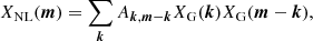$$ \begin{aligned} X_{\rm NL}({{\boldsymbol{m}}})&= \sum _{{{\boldsymbol{k}}}} A_{{{\boldsymbol{k}}}, {{\boldsymbol{m}}}-{{\boldsymbol{k}}}} X_{\rm G}({{\boldsymbol{k}}}) X_{\rm G}({{\boldsymbol{m}}}-{{\boldsymbol{k}}}) , \end{aligned} $$