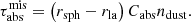 $$ \begin{aligned} \tau _{\mathrm{abs} }^{\mathrm{mis} } = \left(r_{\mathrm{sph} }-r_{\mathrm{la} } \right)C_{\mathrm{abs} } n_{\mathrm{dust} }. \end{aligned} $$
