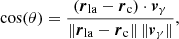 $$ \begin{aligned} \cos (\theta ) = \frac{(\boldsymbol{r}_{\mathrm{la}}-\boldsymbol{r}_{\mathrm{c}})\cdot \boldsymbol{v}_{\gamma }}{{\Vert \boldsymbol{r}_{\mathrm{la}}-\boldsymbol{r}_{\rm c}\Vert } \, {\Vert {\boldsymbol{v}_\gamma }\Vert }}, \end{aligned} $$