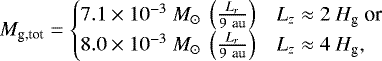 \begin{equation*} M_{\textrm{g,tot}}= \begin{cases} 7.1\times10^{-3}~M_{\odot}~\left(\frac{L_r}{9~\textrm{au}}\right)&L_z\approx2~H_{\textrm{g}}\text{ or}\\ 8.0\times10^{-3}~M_{\odot}~\left(\frac{L_r}{9~\textrm{au}}\right)&L_z\approx4~H_{\textrm{g}}, \end{cases} \end{equation*}