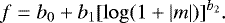\begin{equation*}f=b_0+b_1 [\log(1+|m|)]^{b_2}. \end{equation*}