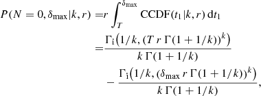 $$ \begin{aligned} P(N=0,\delta _\mathrm{max} |k,r) =&r \int _T^{\delta _\mathrm{max} } \mathrm{CCDF} (t_1|k,r) \, \mathrm{d} t_1 \nonumber \\ =&\frac{\Gamma _\mathrm{i} {\left(1/k, \left(T\,r\,\Gamma (1+1/k)\right)^k\right)}}{k\,\Gamma {\left(1+1/k\right)}}\\&-\frac{\Gamma _\mathrm{i} {\left(1/k, \left(\delta _\mathrm{max} \,r\,\Gamma (1+1/k)\right)^k\right)}}{k\,\Gamma {\left(1+1/k\right)}},\nonumber \end{aligned} $$
