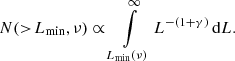 $$ \begin{aligned} N(>\!L_{\mathrm{min} }, \nu ) \propto \int_{L_{\mathrm{min} }(\nu )}^{\infty } L^{-(1+\gamma )}\,\mathrm{d}L. \end{aligned} $$