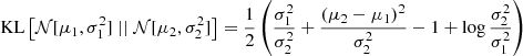 $ \mathrm{KL}\left[\mathcal{N}[\mu_1, \sigma_1^2] \mid\mid \mathcal{N}[\mu_2, \sigma_2^2]\right] = \frac{1}{2}\left(\frac{\sigma_1^2}{\sigma_2^2} + \frac{(\mu_2-\mu_1)^2}{\sigma_2^2} - 1 + \log\frac{\sigma_2^2}{\sigma_1^2}\right) $