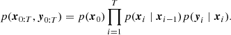 $$ \begin{aligned} p(\boldsymbol{x}_{0:T}, \boldsymbol{y}_{0:T}) = p(\boldsymbol{x}_0) \prod _{i=1}^T p(\boldsymbol{x}_{i} \mid \boldsymbol{x}_{i-1}) p(\boldsymbol{y}_{i} \mid \boldsymbol{x}_{i}). \end{aligned} $$