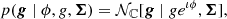 $$ \begin{aligned} p(\boldsymbol{g} \mid \phi , {g}, \boldsymbol{\Sigma }) = \mathcal{N} _\mathbb{C} [\boldsymbol{g} \mid g e^{\iota \phi }, \boldsymbol{\Sigma }], \end{aligned} $$