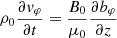 $$ \begin{aligned} \rho _0\frac{\partial { v}_{\varphi }}{\partial t}=\frac{B_0}{\mu _0}\frac{\partial b_{\varphi }}{\partial z} \end{aligned} $$