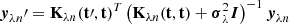$$ \begin{aligned}&\boldsymbol{y}_{\lambda n}^{\prime} = \mathbf K _{\lambda n}(\mathbf t^{\prime} ,\mathbf t )^T\left(\mathbf K _{\lambda n}(\mathbf t ,\mathbf t )+ \boldsymbol{\sigma }_{\lambda }^2 {\boldsymbol{I}}\right)^{-1} \boldsymbol{y}_{\lambda n} \end{aligned} $$