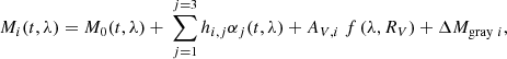 $$ \begin{aligned} M_i(t,\lambda )=M_0(t,\lambda )+ \ \sum _{j=1}^{j=3} h_{i,j} \alpha _j(t,\lambda ) + A_{V,i} \ f\left(\lambda ,R_V\right) +\Delta M_{\mathrm{gray} \ i}, \end{aligned} $$