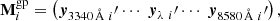$$ \begin{aligned} \mathbf M _{i}^\mathrm{gp} =\left(\boldsymbol{y}_{3340\,\AA \ i}^{\prime} \cdots \ \boldsymbol{y}_{\lambda \ i}^{\prime}\cdots \ \boldsymbol{y}_{8580\,\AA \ i}^{\prime} \right), \end{aligned} $$